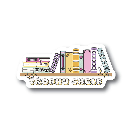 Cream sticker with a row of books above the words Trophy Shelf