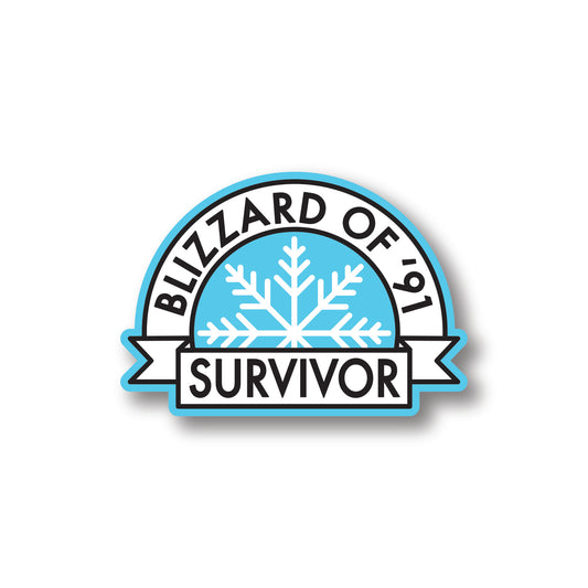 Blue sticker with white snowflake the says Blizzard Of '91 Survivor