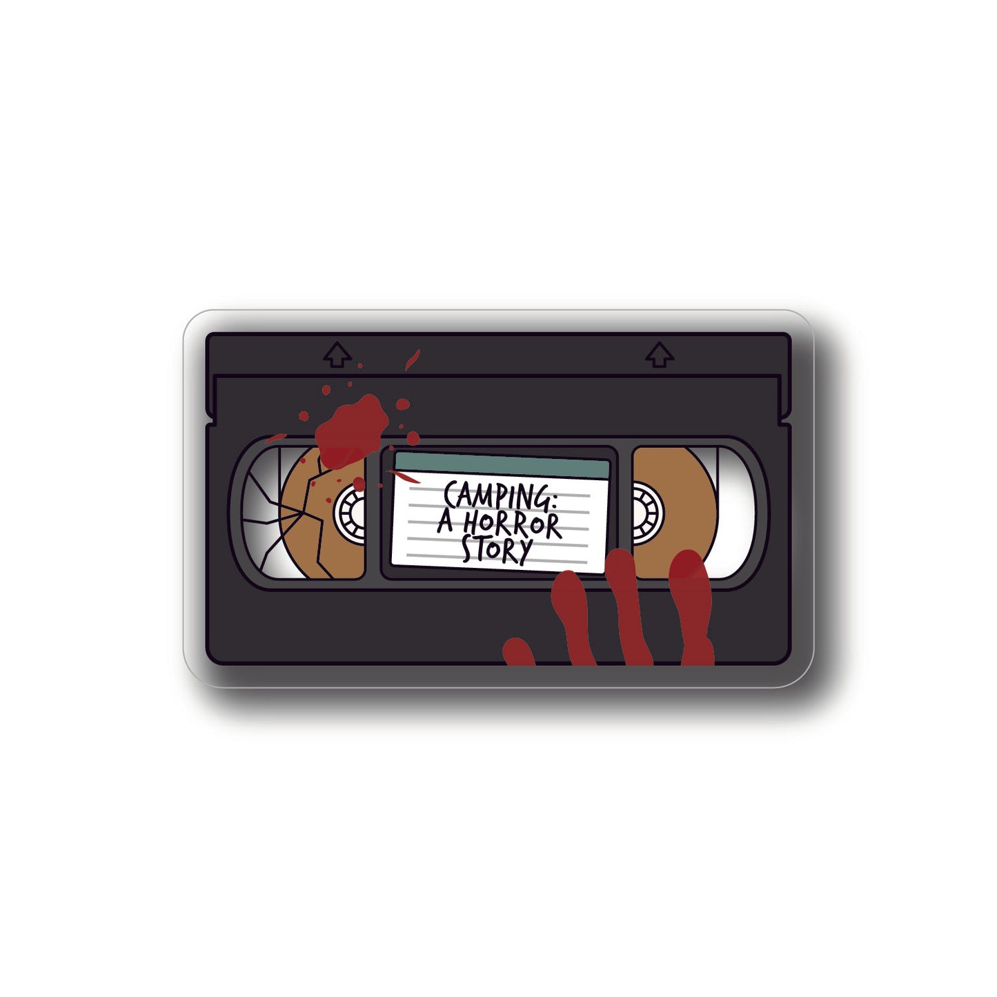 VHS tape sticker with blood spots titled Camping: A Horror Story