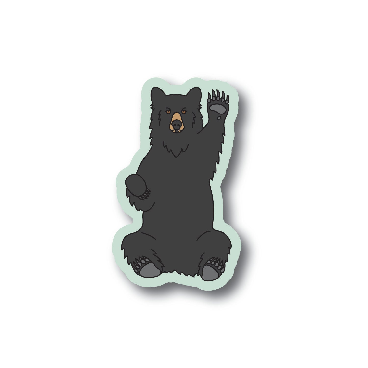 A green sticker with a black bear sitting dow waving hello