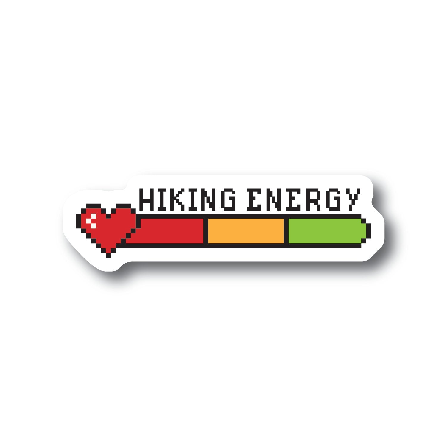 Sticker with a vintage video game energy level bar with a digital heart and the words Hiking Energy