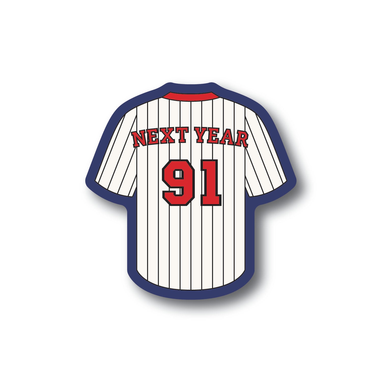 Blue, white, and red Minnesota baseball style jersey sticker with the numbers 91 and the words Next Year on the nameplate