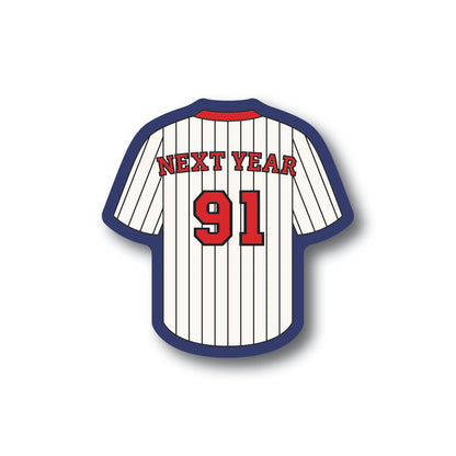 Blue, white, and red Minnesota baseball style jersey sticker with the numbers 91 and the words Next Year on the nameplate