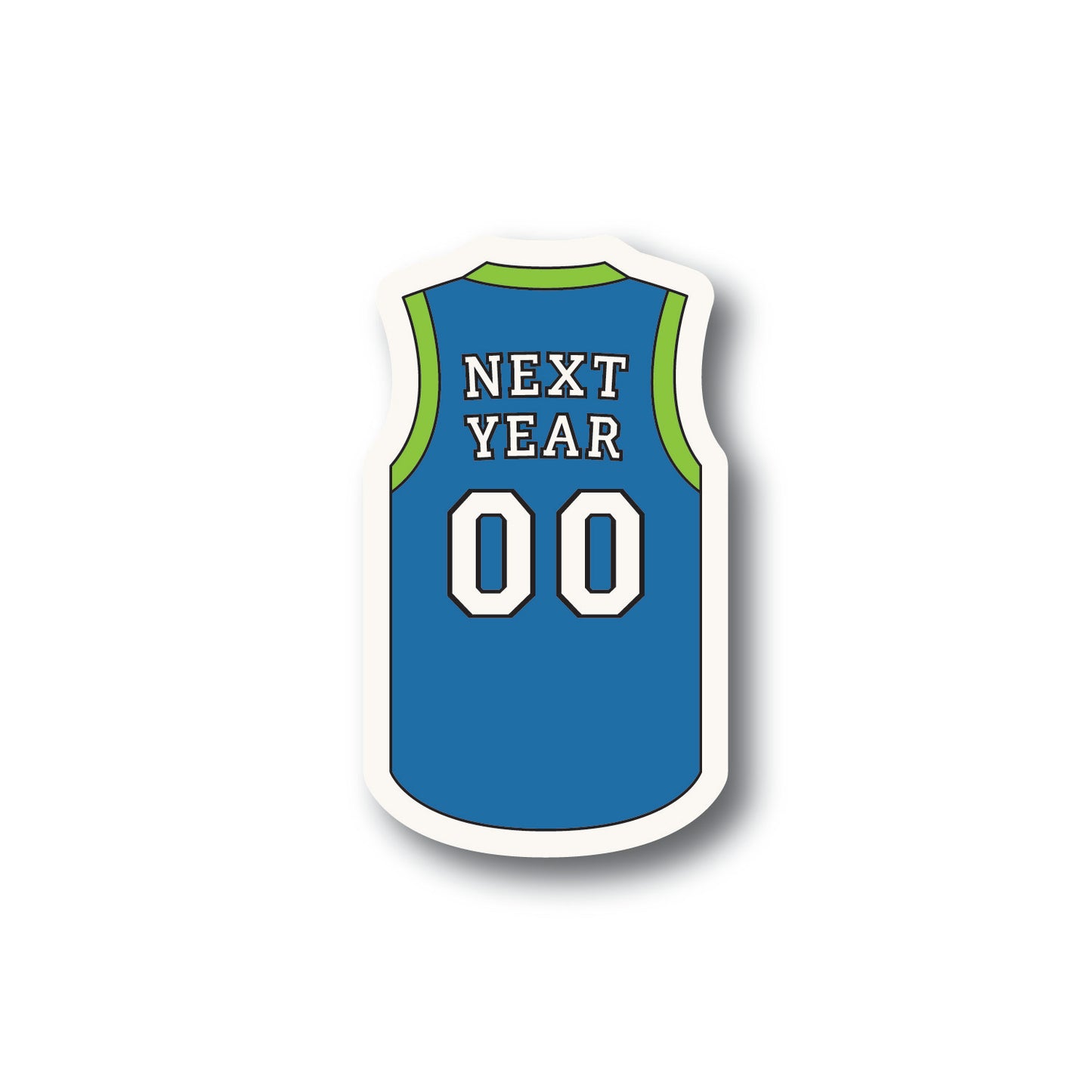 Blue Minnesota basketball style jersey sticker with the numbers 00 and the words Next Year on the nameplate