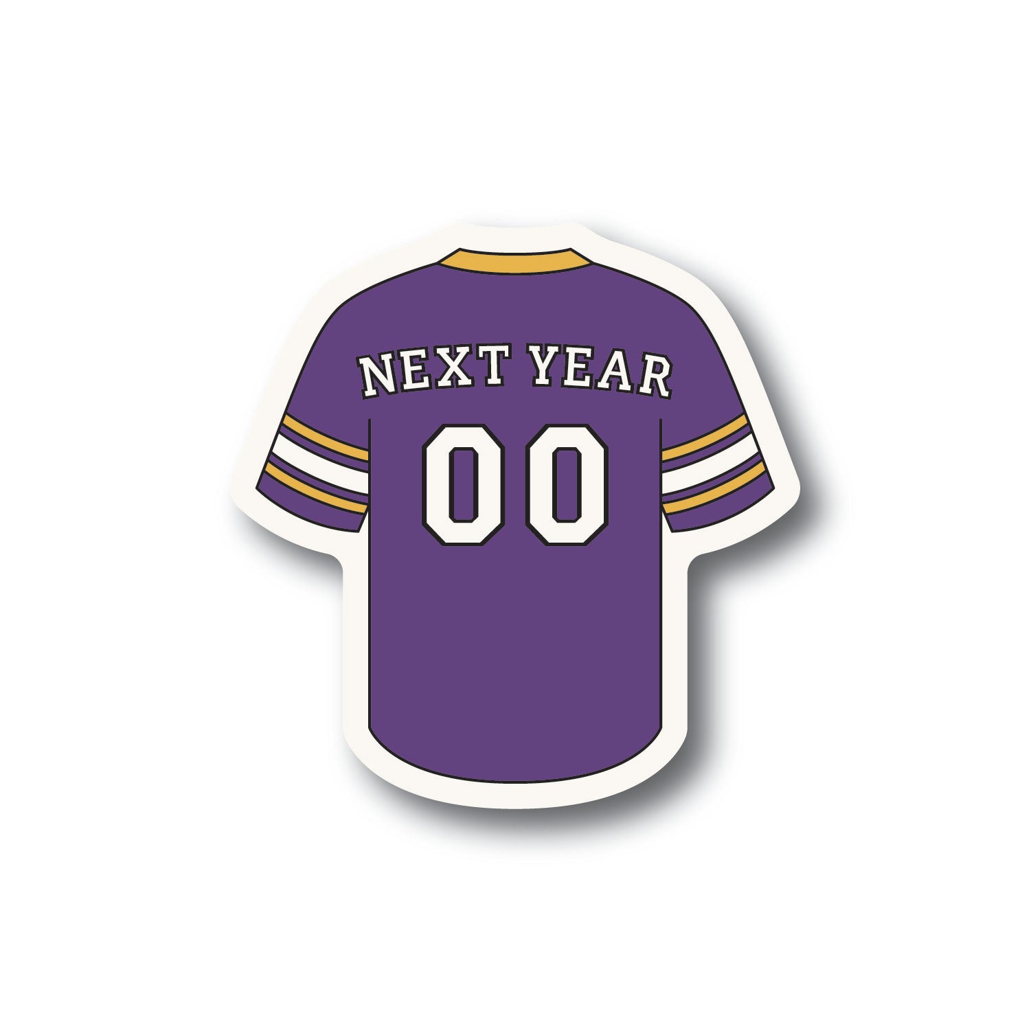 Purple Minnesota football style jersey sticker with the numbers 00 and the words Next Year on the nameplate