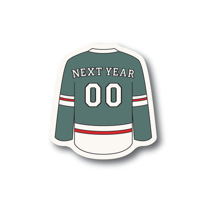 Green Minnesota hockey style jersey sticker with the numbers 00 and the words Next Year on the nameplate