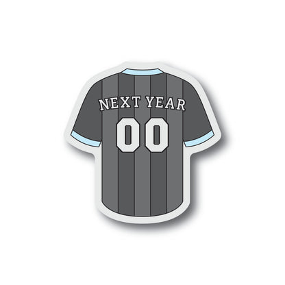 Gray Minnesota soccer style jersey sticker with the numbers 00 and the words Next Year on the nameplate