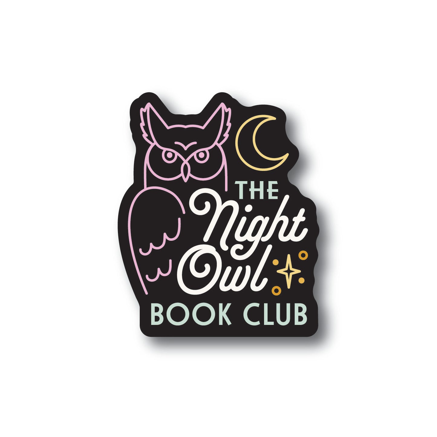 Black sticker with outline of a great horned owl and crescent moon with The Night Owl Book Club text