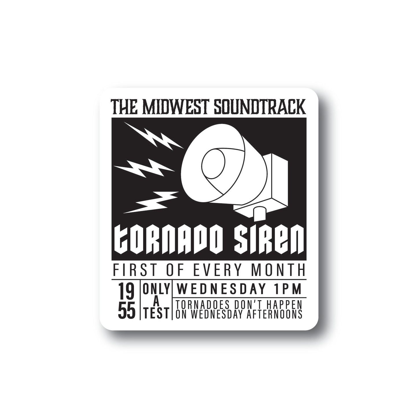 A sticker made to look like an old rock concert poster with information about tornado sirens in the midwest